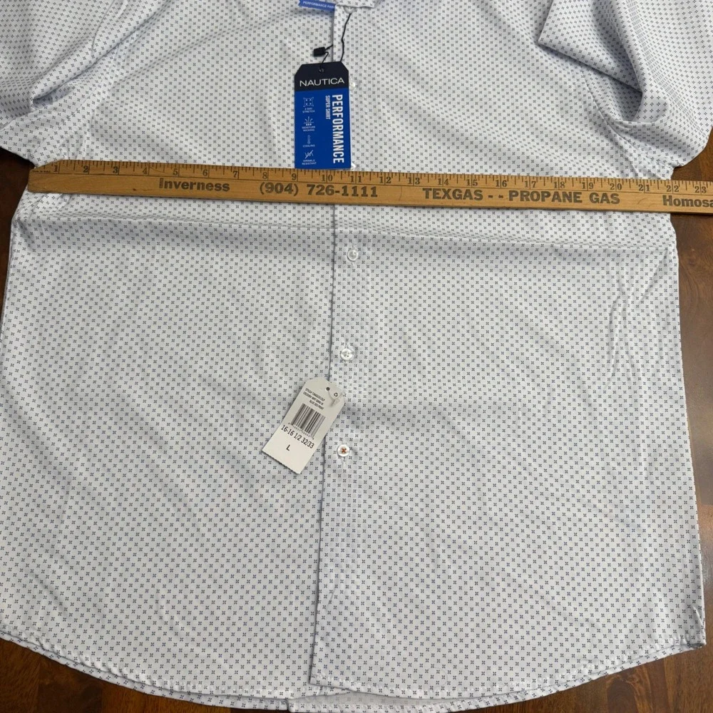 Nautica Mens‎ Slim Fit Performance Dress Shirt Blue Geo Print Long Sleeve Size L